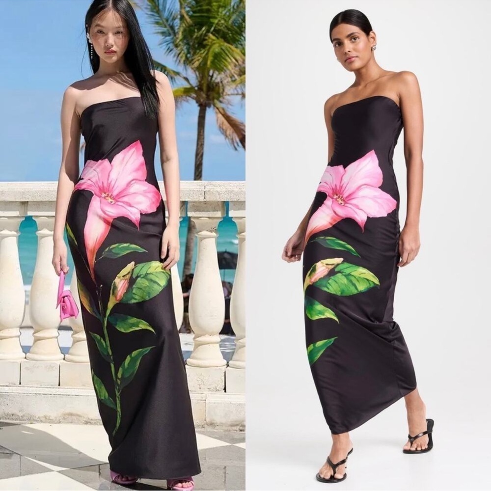 Rococo Sand Black Strapless Floral Satin Maxi Dress